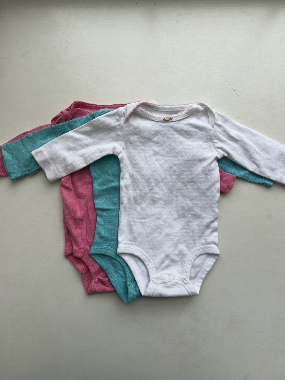 3-Pack Long Sleeve Baby Bodysuits - White, Teal, Pink